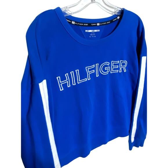 Tommy Hilfiger Sport Spell Out Cropped Blue White Sweatshirt Pullover Womens XL - Picture 2 of 5